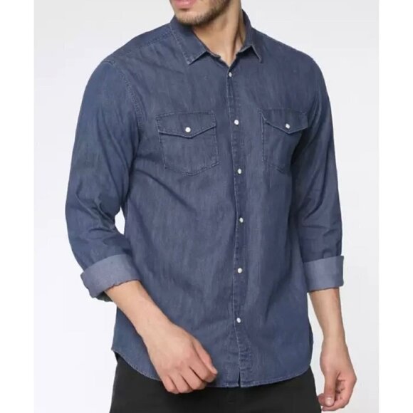 Jack & Jones Long Sleeve Snap Chambray Blue Shirt Mens Size Small - Picture 11 of 11